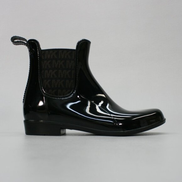 Michael Kors Ladies 8 Chelsea Charm Black PVC Brown Logo Rain Ankle Boots JH21G - Picture 4 of 12